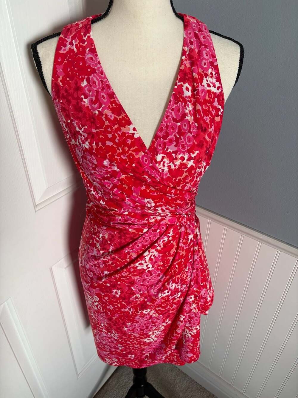 Chaps Red and Pink Floral Sleeveless Faux Wrap Sheath Dress